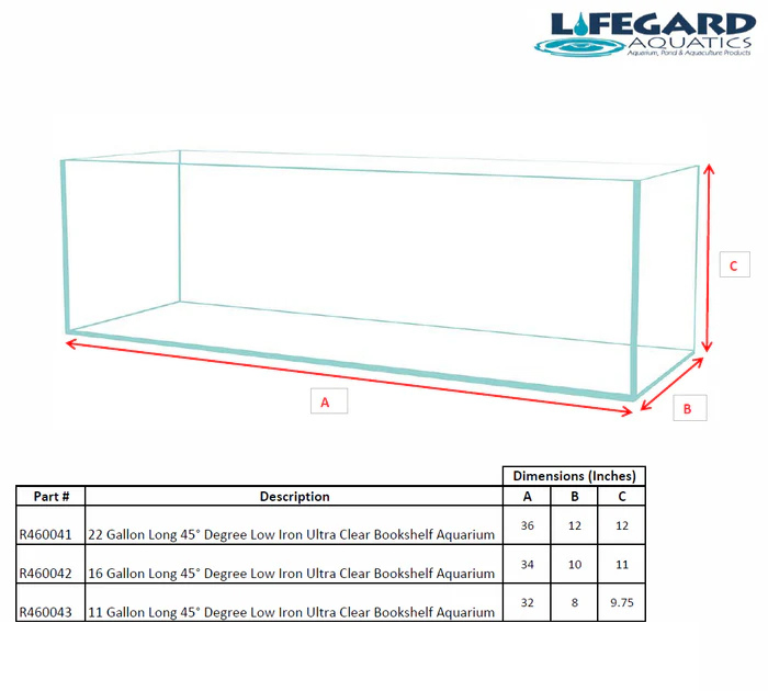 Lifegard CRYSTAL 16 Gallon Long 45 Degree Beveled Edge Low Iron Ultra Clear Bookshelf Aquarium 6mm (33.85" x 9.84" x 11")