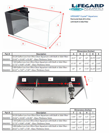 Lifeguard CRYSTAL 3.8/7.4/14.2 Gallon 45 Degree Beveled Edge Low Iron Ultra Clear with Built in Side Filter (14.26, 7.43 and 3.8 Gallons)