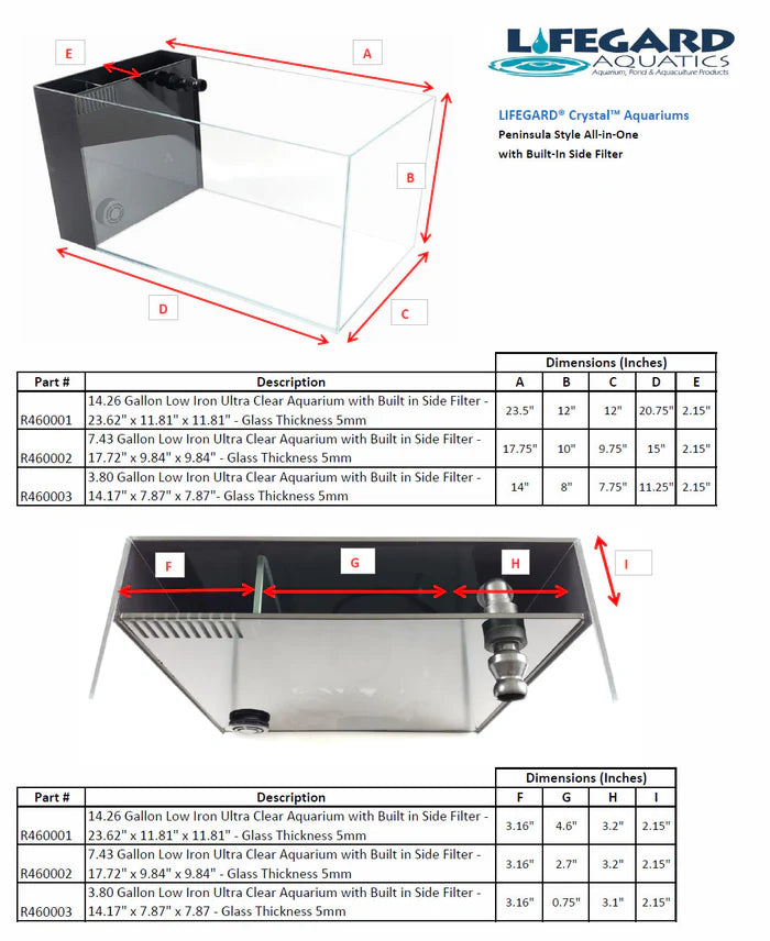 Lifegard 14 Gallon CRYSTAL Penensula Beveled Edge Low Iron Aquarium with Built in Side Filter 6mm - kit