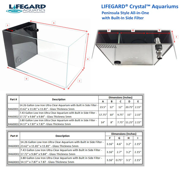Lifegard 7.4 Gallon CRYSTAL Penensula Beveled Edge Low Iron Aquarium with Built in Side Filter 5mm - Kit